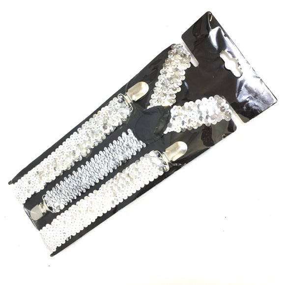 Suspenders Silver Sequin Y Stretch Clip On NWT NOS - Picture 10 of 11
